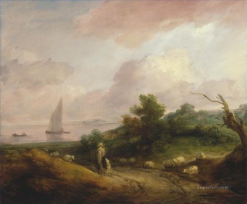 動物 Painting - トーマス・ゲインズバラの羊飼いとその群れのある海岸風景